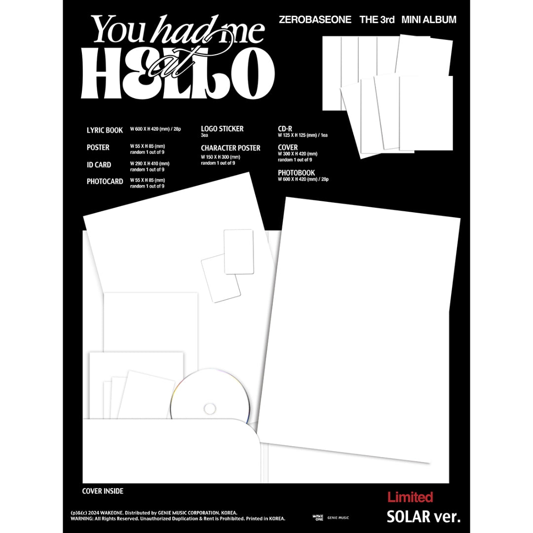 [Preorder] [Limited] Zerobaseone The 3rd Mini Album 'You had me at HELLO' (SOLAR ver) (Random)